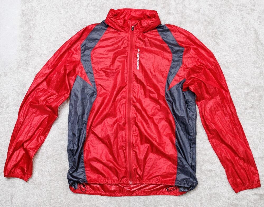 Brooks LSD Red Navy Running Jacket Windbreaker Hooded Mens Size M